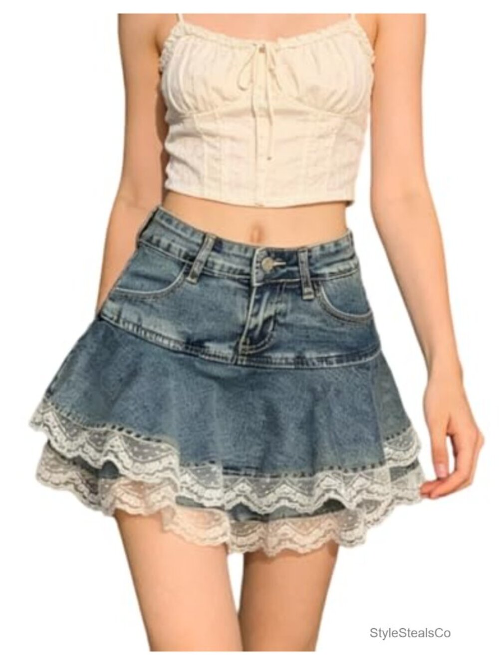 High Waisted Denim Mini Skirt Layered Ruffle A-Line